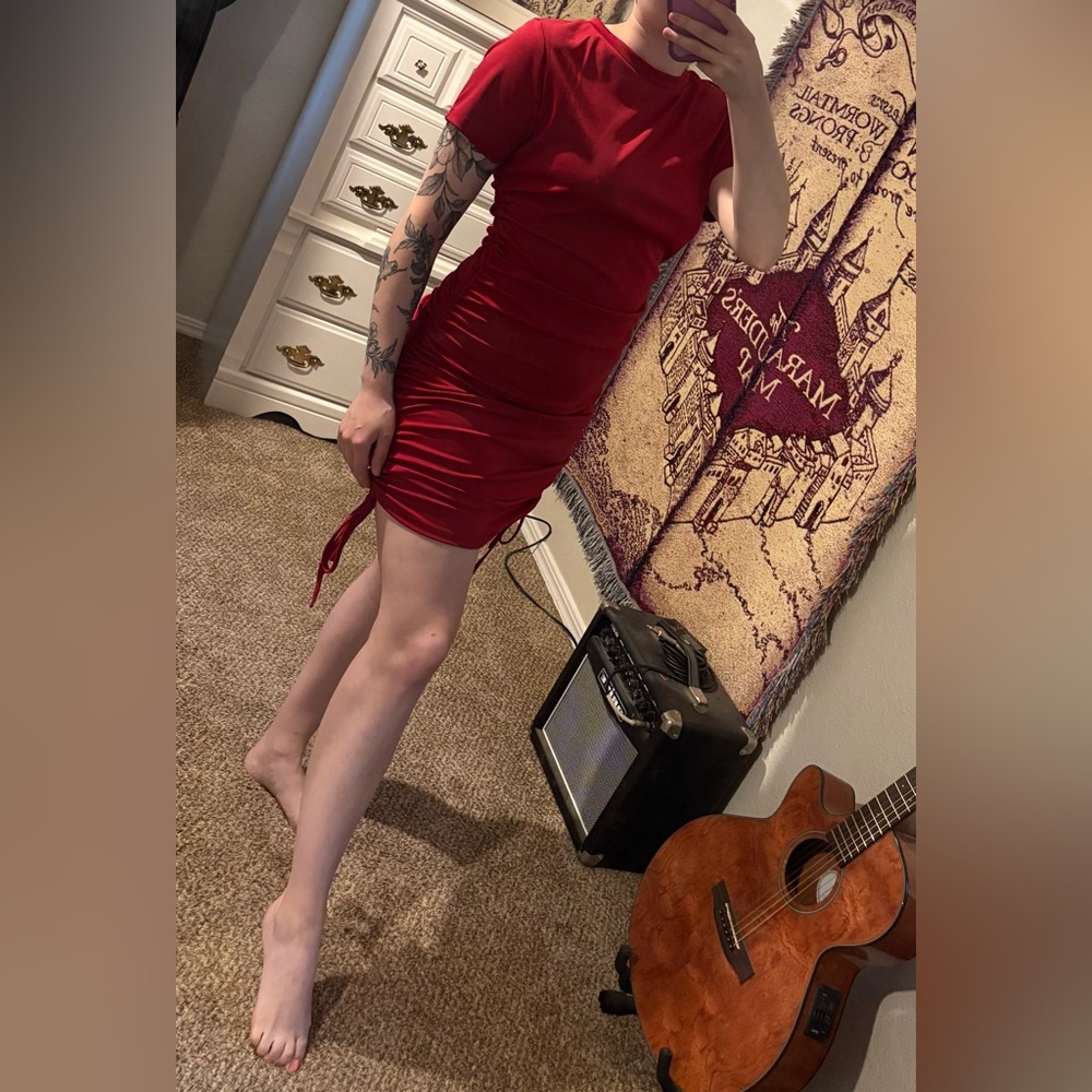 Casual Red Tie-Side T-shirt Dress